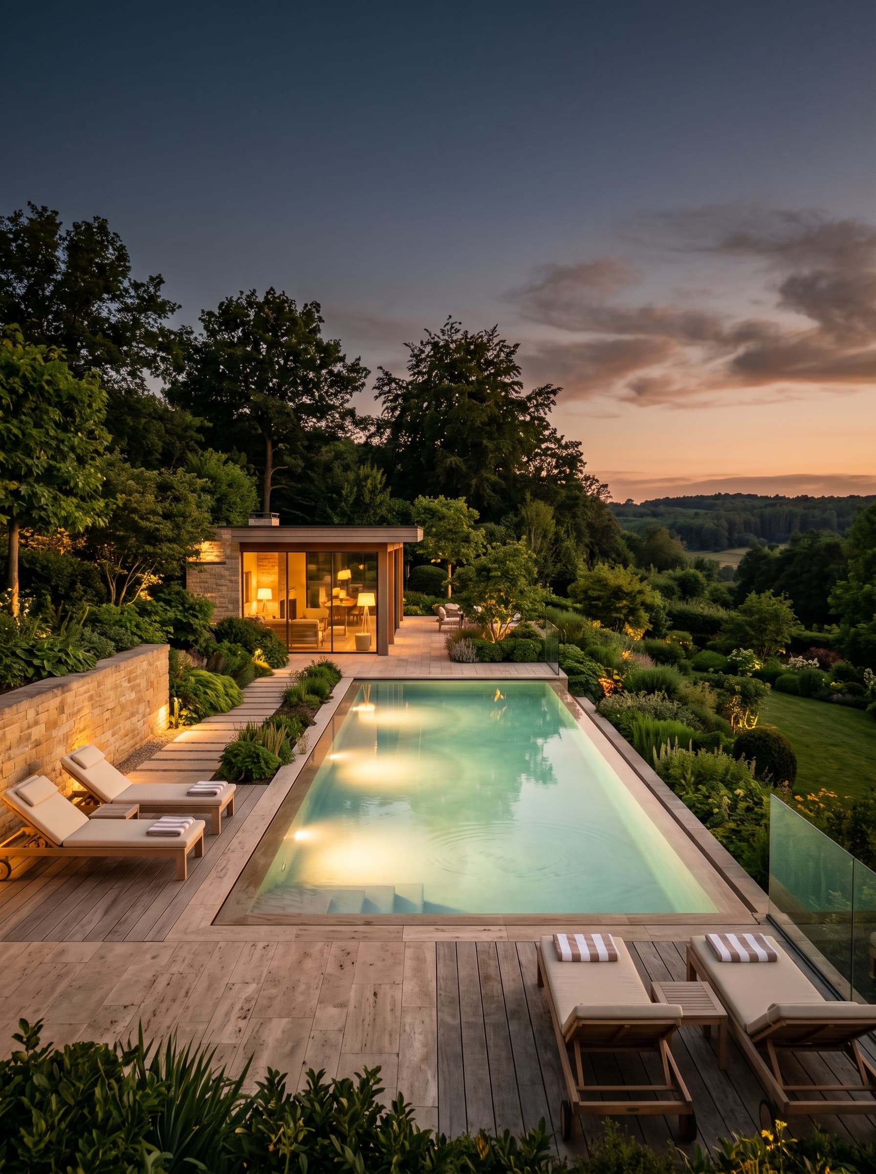 Piscine béton contemporaine avec volet de sécurité intégré, dans un jardin résidentiel au Luxembourg